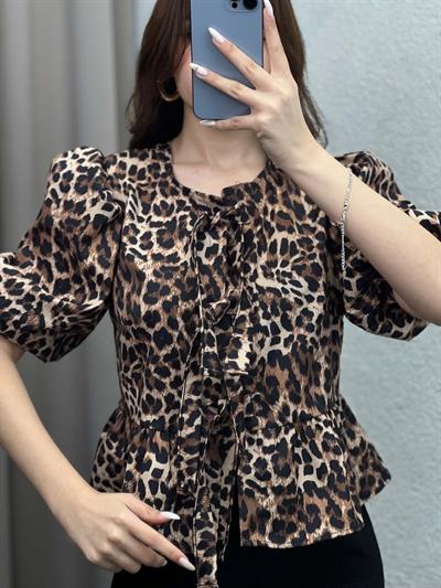 Leopar Voleta Önü Bağlamalı Bluz