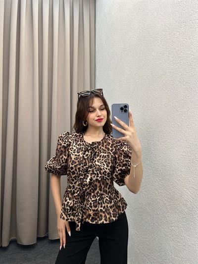 Leopar Voleta Önü Bağlamalı Bluz