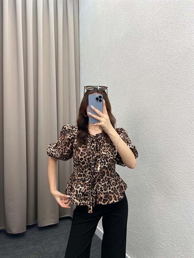 Leopar Voleta Önü Bağlamalı Bluz
