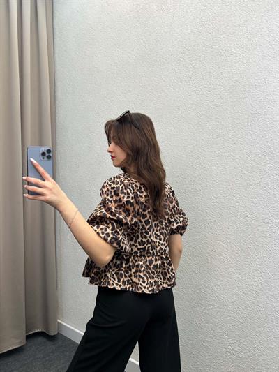 Leopar Voleta Önü Bağlamalı Bluz