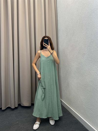 Lopas Askılı Kaş Keten Mint Elbise