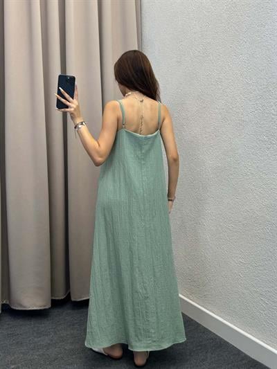 Lopas Askılı Kaş Keten Mint Elbise