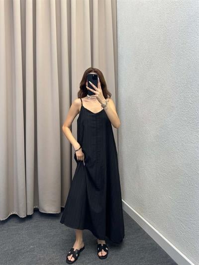 Lopas Askılı Kaş Keten Siyah Elbise