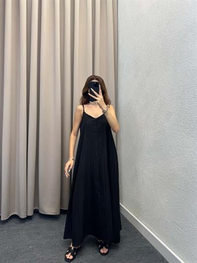 Lopas Askılı Kaş Keten Siyah Elbise