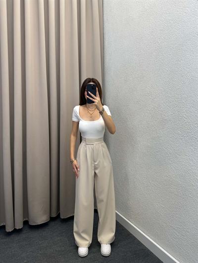 Lugo Bej Lastik Kemer Çırt Kaplamalı Pantolon