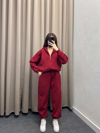 Mario Üç İplik Şardonlu Bordo Eşofman Takımı