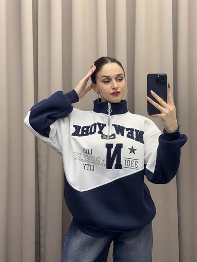 New York Nakışlı Lacivert Sweatshirt