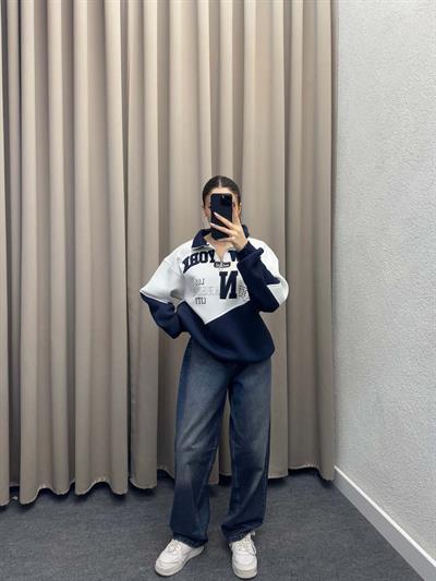 New York Nakışlı Lacivert Sweatshirt