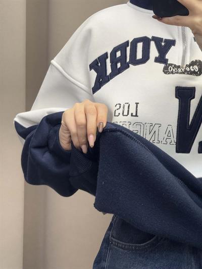 New York Nakışlı Lacivert Sweatshirt