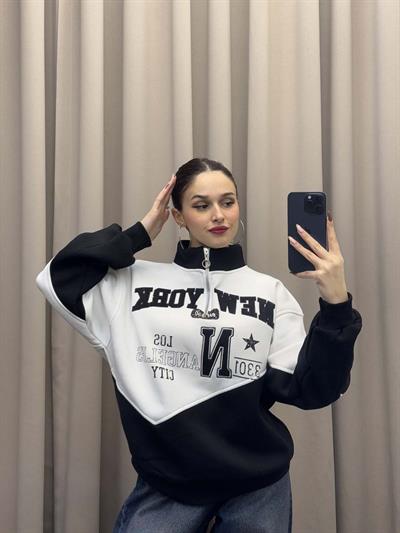 New York Nakışlı Siyah Sweatshirt