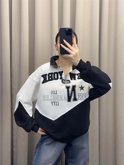 New York Nakışlı Siyah Sweatshirt