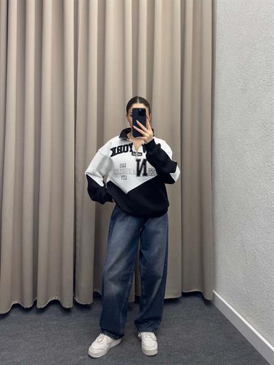 New York Nakışlı Siyah Sweatshirt