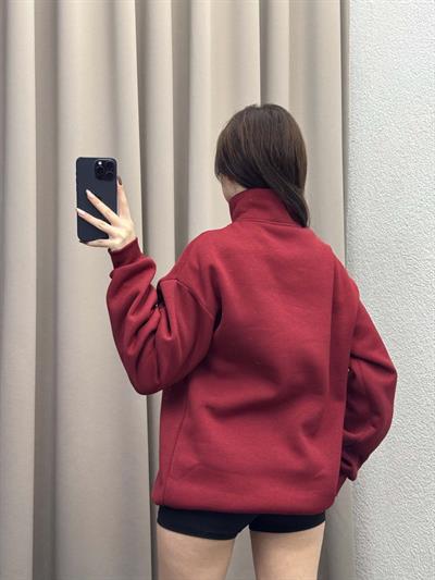 Nyc Bordo Oversize Yarım Fermuarlı Sweatshirt