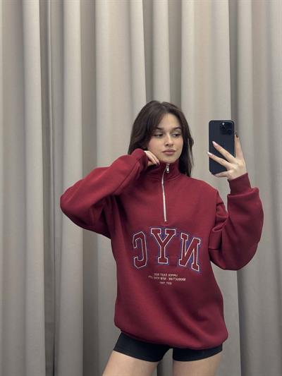 Nyc Bordo Oversize Yarım Fermuarlı Sweatshirt