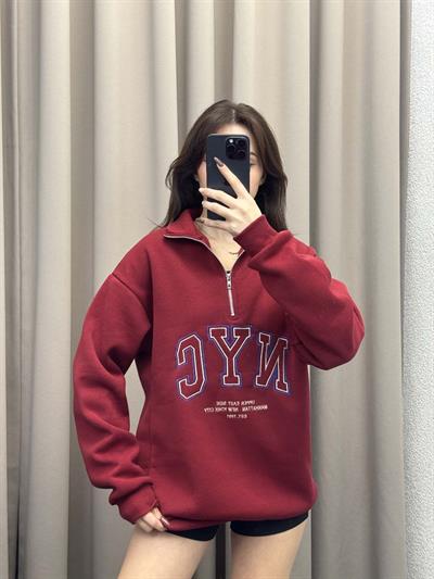 Nyc Bordo Oversize Yarım Fermuarlı Sweatshirt