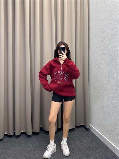 Nyc Bordo Oversize Yarım Fermuarlı Sweatshirt