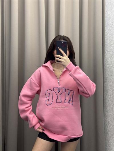 Nyc Pudra Oversize Yarım Fermuarlı Sweatshirt