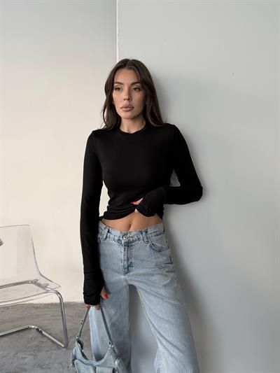 OYS BUZY KUMAŞ PARMAK GEÇME BLUZ SİYAH