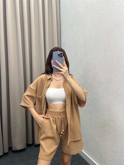 Pakhet Keten Kahve Gömlekli Takım