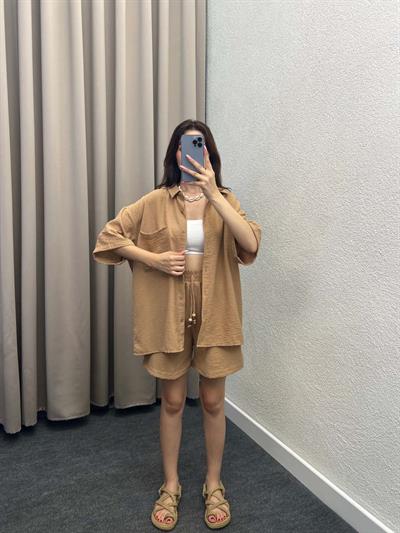 Pakhet Keten Kahve Gömlekli Takım