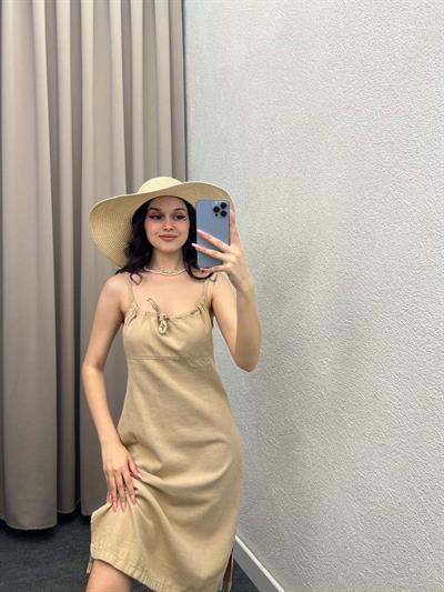 Palmiye Bej Keten Elbise