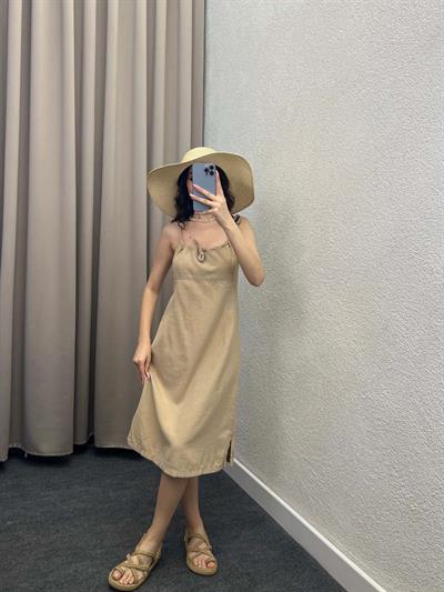 Palmiye Bej Keten Elbise