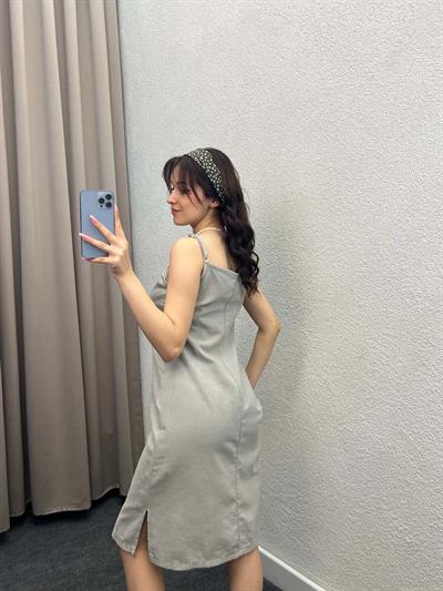 Palmiye Gri Keten Elbise