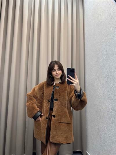 Mngo Aplikli Kürklü Kahve Palto