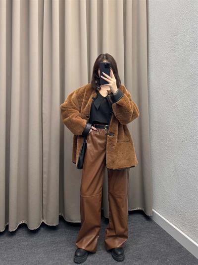 Mngo Aplikli Kürklü Kahve Palto