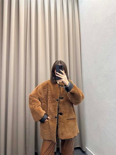 Mngo Aplikli Kürklü Kahve Palto