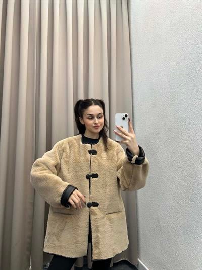 Mngo Aplikli Kürklü Krem Palto