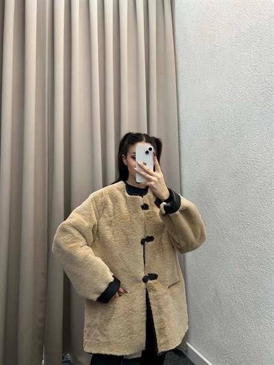 Mngo Aplikli Kürklü Krem Palto