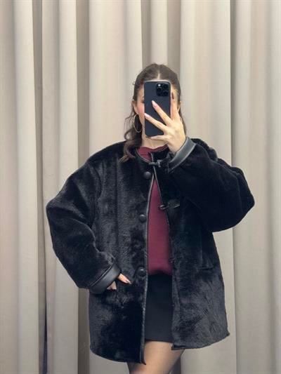 Mngo Aplikli Siyah Kahve Palto