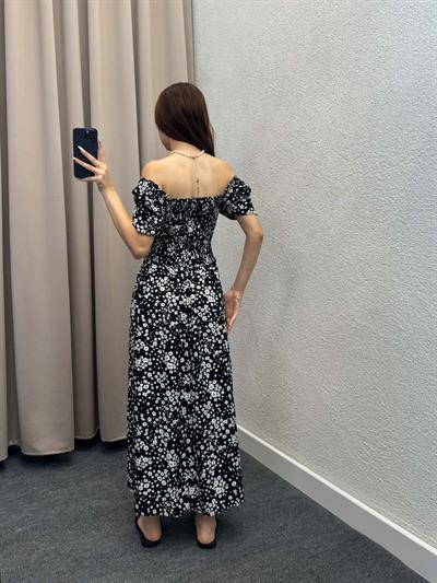 Papatya Desenli Siyah Askılı Elbise