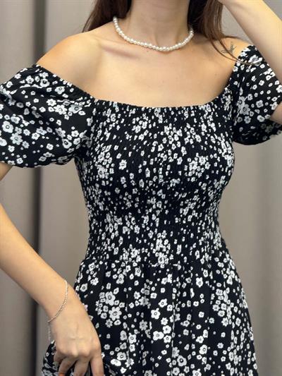 Papatya Desenli Siyah Askılı Elbise