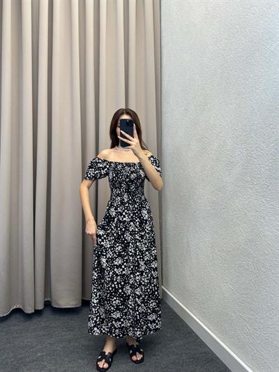 Papatya Desenli Siyah Askılı Elbise