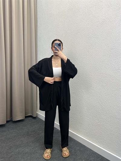 Pena Siyah Gofre Kimono Takım