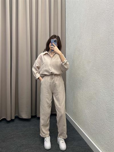 Pera Keten Bej Gömlekli Takım