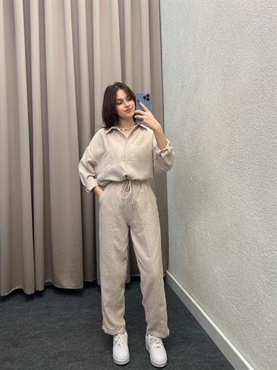 Pera Keten Bej Gömlekli Takım