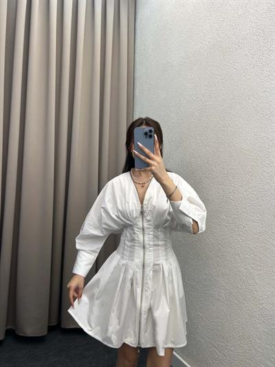 Pers Beyaz Pensli Fermuarlı Elbise