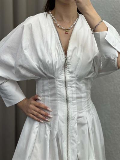 Pers Beyaz Pensli Fermuarlı Elbise