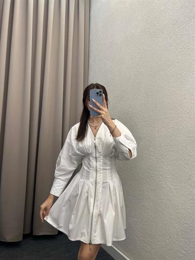 Pers Beyaz Pensli Fermuarlı Elbise