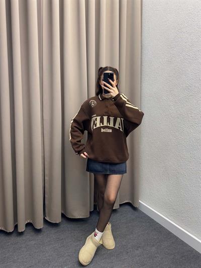 Polo Yaka Şardonlu Valley Kahve Sweatshirt