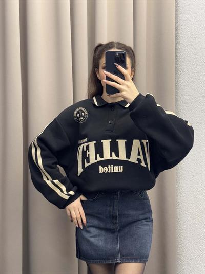 Polo Yaka Şardonlu Valley Siyah Sweatshirt