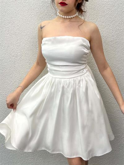 Ribbon Beyaz Parlak Saten Straplez Elbise