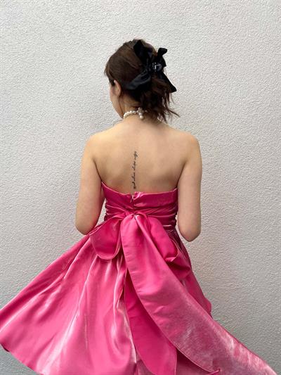 Ribbon Pembe Parlak Saten Straplez Elbise