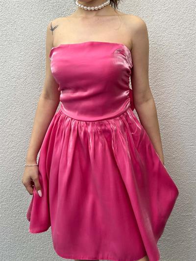 Ribbon Pembe Parlak Saten Straplez Elbise