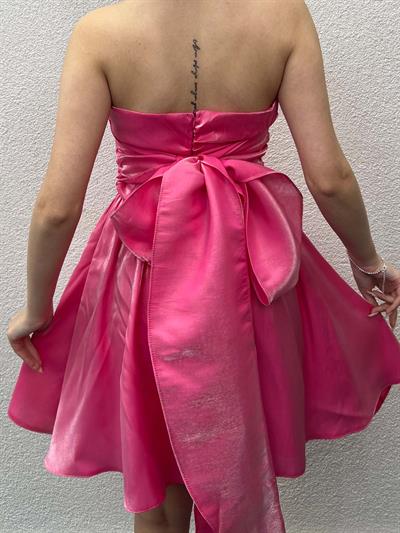 Ribbon Pembe Parlak Saten Straplez Elbise