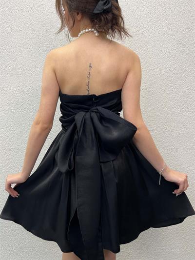 Ribbon Siyah Parlak Saten Straplez Elbise
