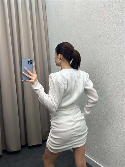 Rose Beyaz Parlak Saten Straplez Elbise